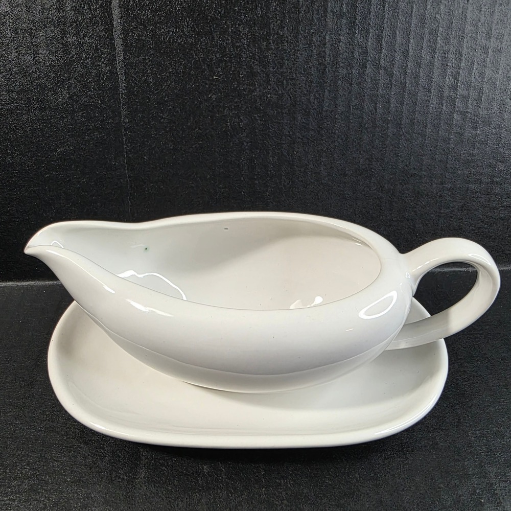 Stoneware Gravy Boat with Underplate White Japan Ceramic Vintage
